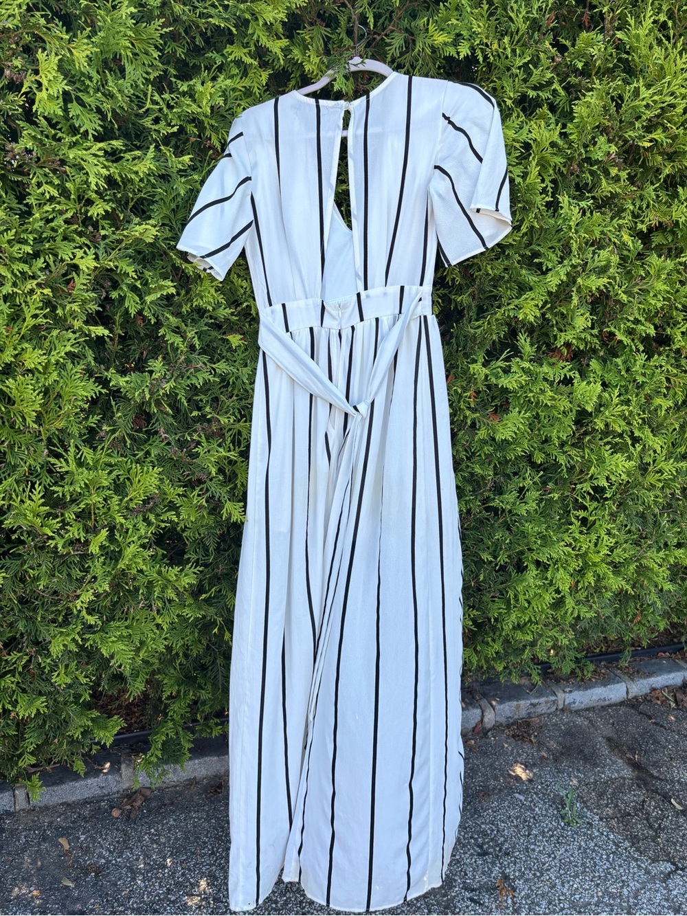 Crystal Doll White Maxi Dress with Black Stripes and Belt